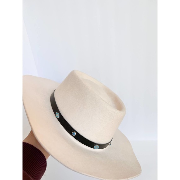 DOUBLE EE BRAND Women's Cream Wool Flat Brim Hat w/ Faux Leather Band size M - Picture 7 of 9